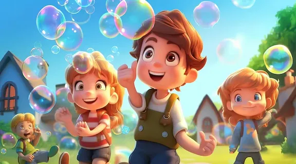 a boy and a girl are playing with bubbles