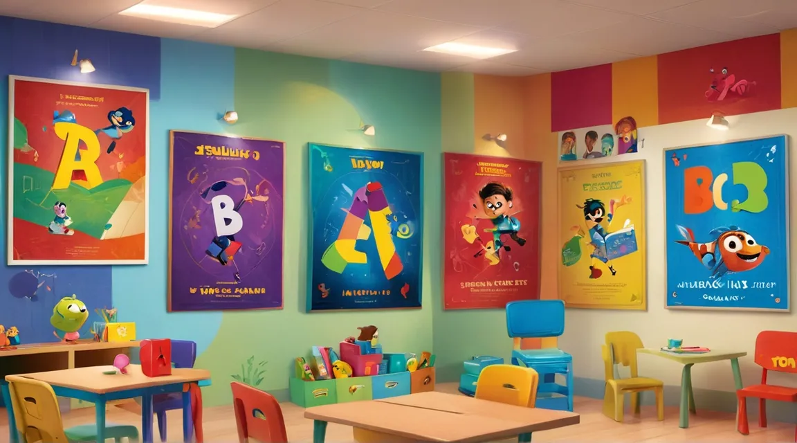 a children's playroom with posters on the wall