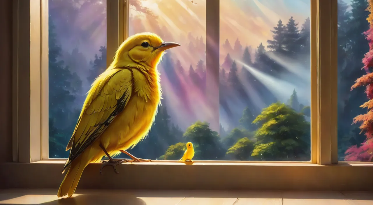 a yellow bird sitting on a window sill