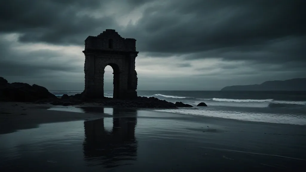 a black and white photo of a tower on a beach