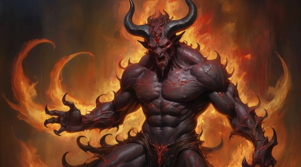 a demonic demon standing in front of a blazing background