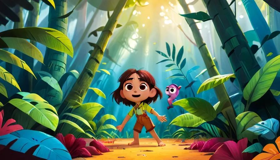 a little girl walking through a jungle with a bird