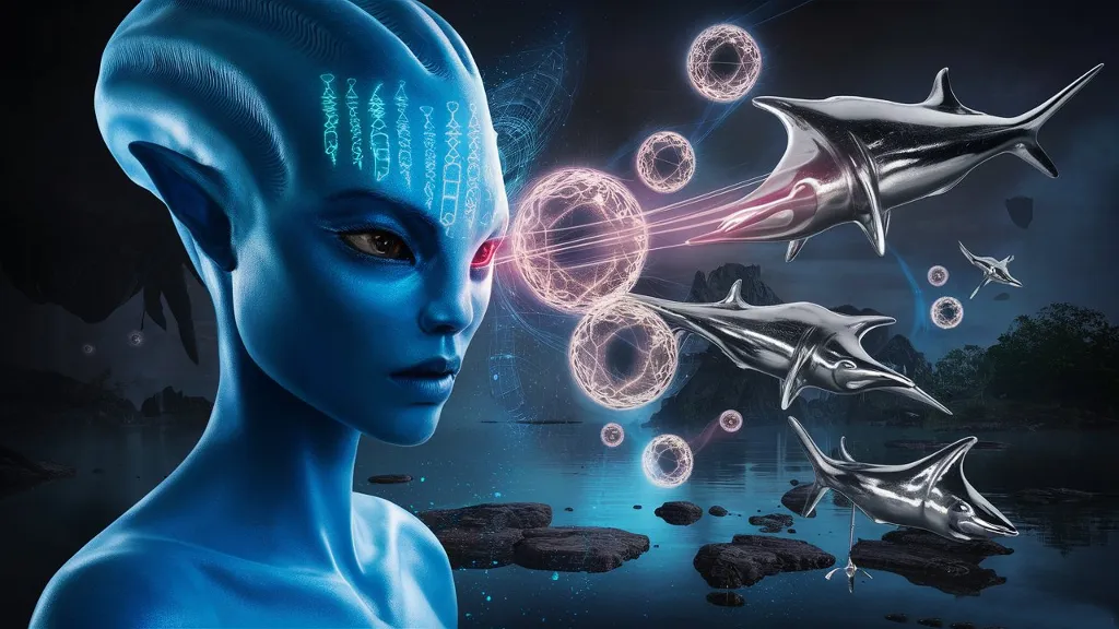 A stunning and intricate photorealistic scene from a dark sci-fi fantasy blockbuster movie. The focus is on a close-up of a blue alien entity with holographic ancient symbols projected on her skin, illuminating the atmosphere. Surrounding her are flying silver chrome stingrays emitting electronic energy spheres. All of this unfolds over the majestic, mystical waters of the Lake of Cosmic Knowledge on floating islands. The 4K quality of the image showcases the highest level of detail and craftsmanship.