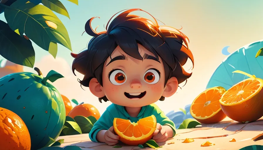 a little boy sitting on a table with oranges