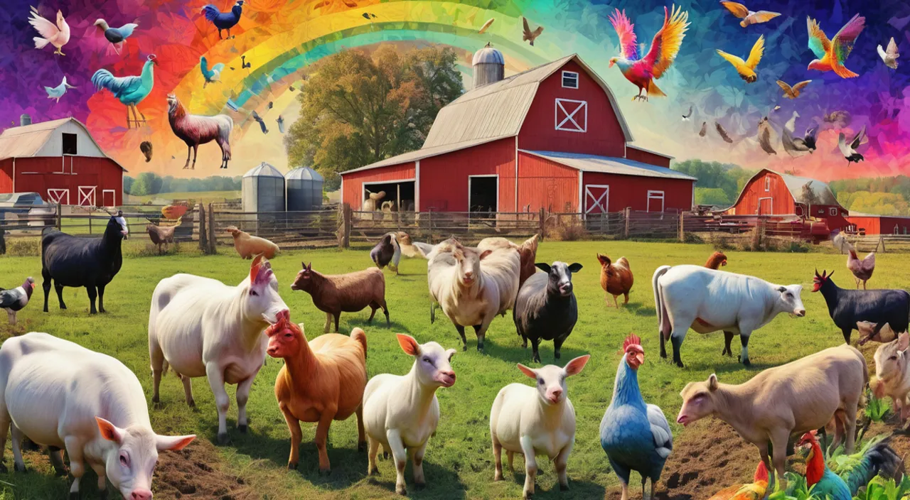 a painting of farm animals in a field with a rainbow in the background