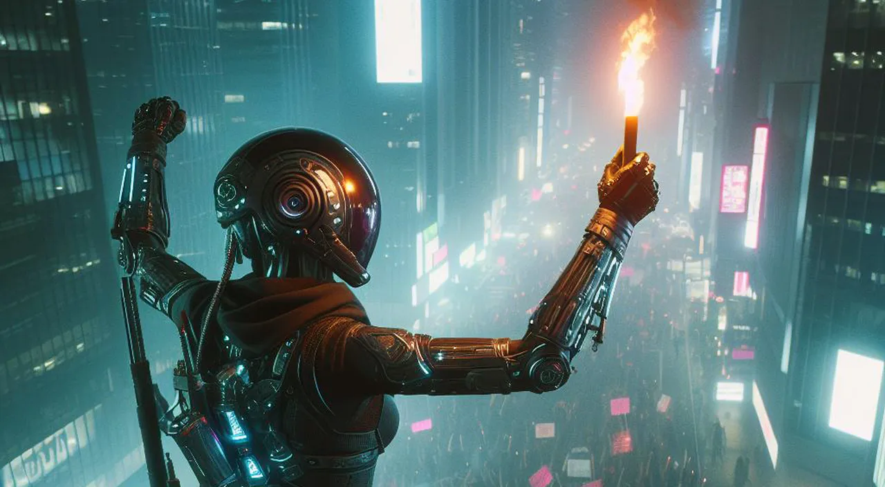 a man in a futuristic city holding a burning flare