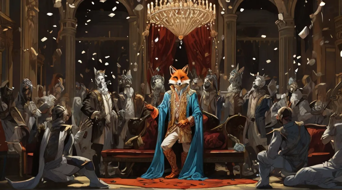 A fox standing in front of a crowd of people picking up diamonds and pearls from the ground