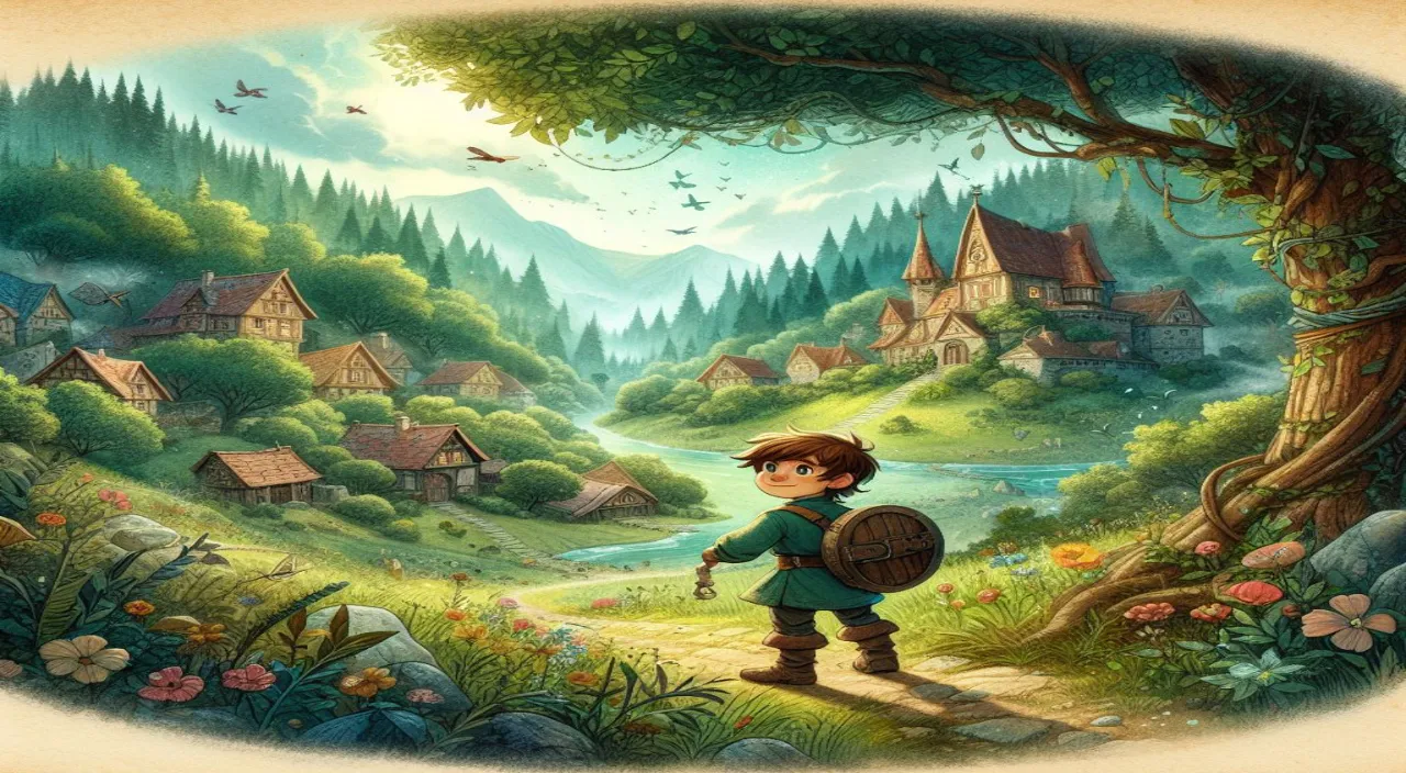 a painting of a boy standing in a forest