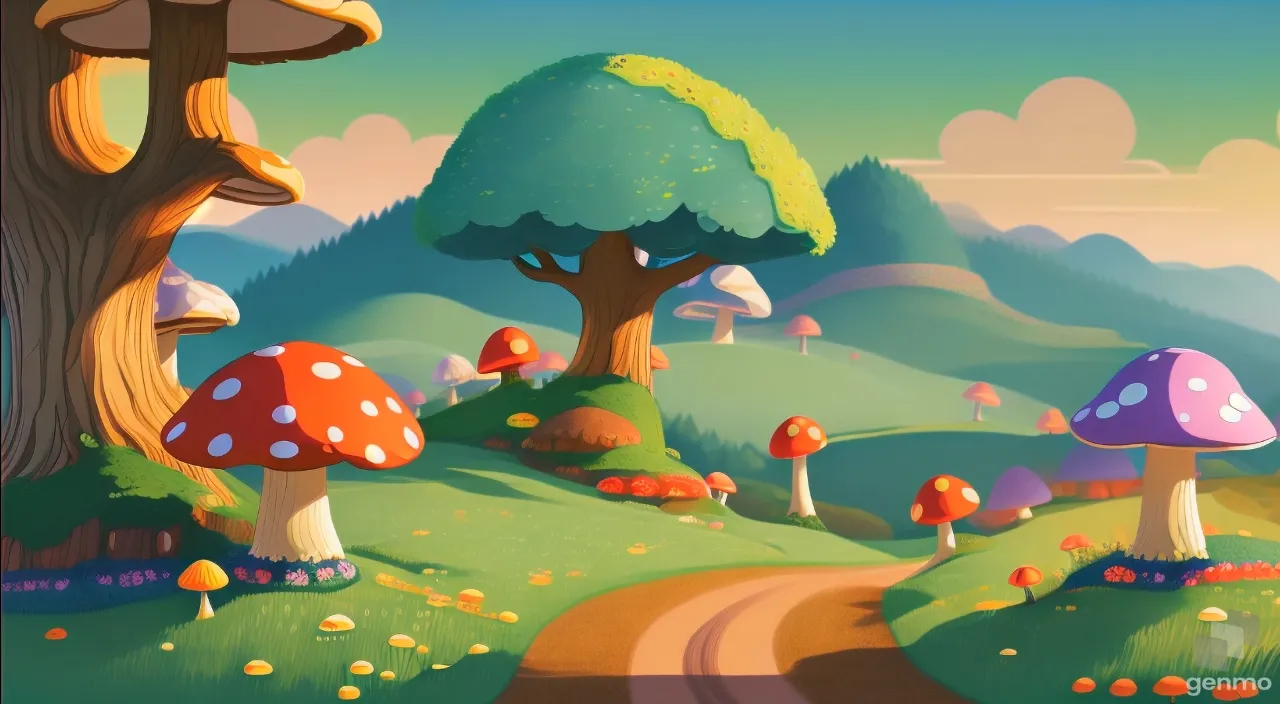 a painting of a forest with lots of mushrooms