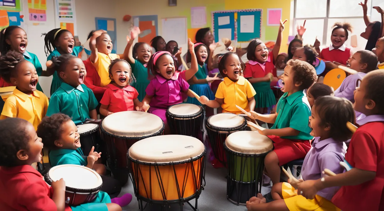 a group of children singing and playing drums