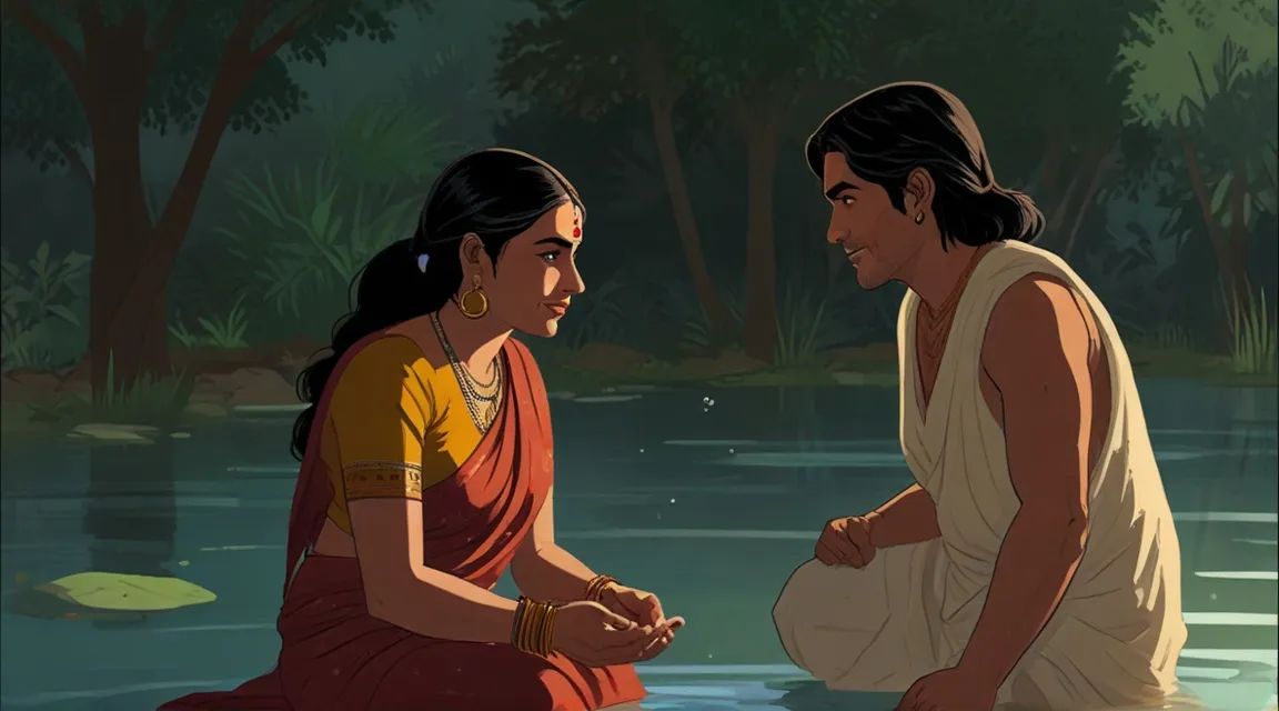 a painting of a woman sitting next to a man in a river