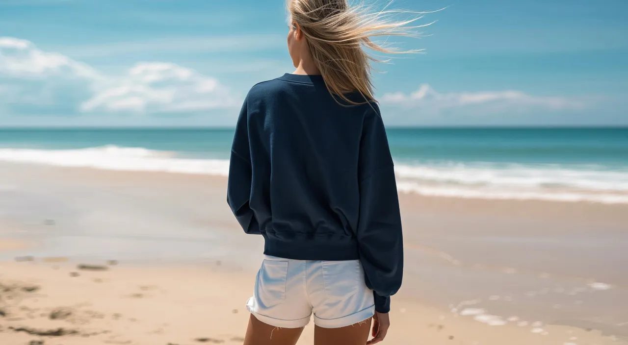 a woman standing on a beach looking at the ocean