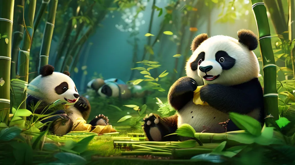 a couple of panda bears sitting on top of a lush green forest