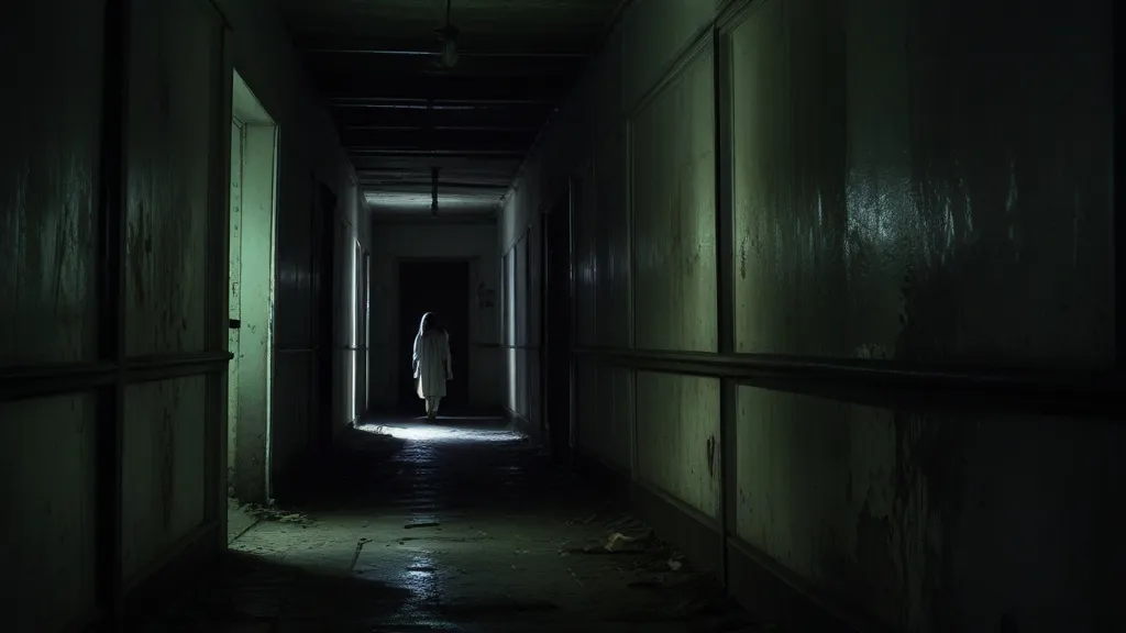 a dark hallway with a person walking down it