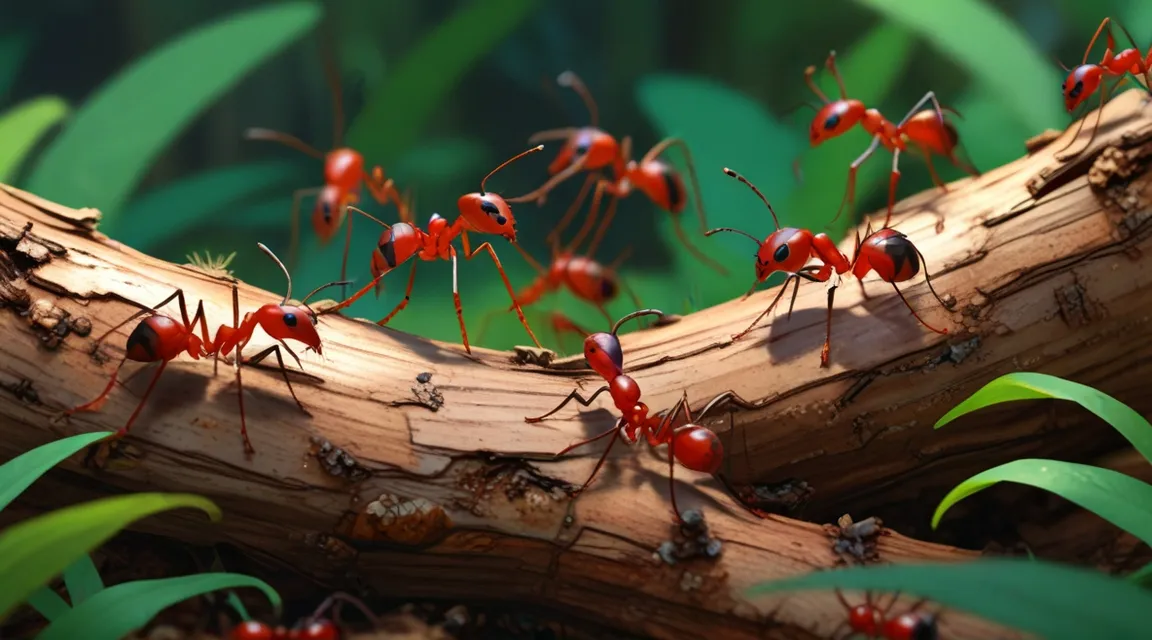 a group of red ants crawling on a tree branch