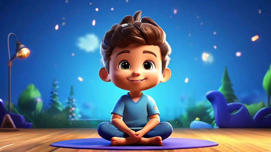 a young boy sitting on a yoga mat in front of a night sky