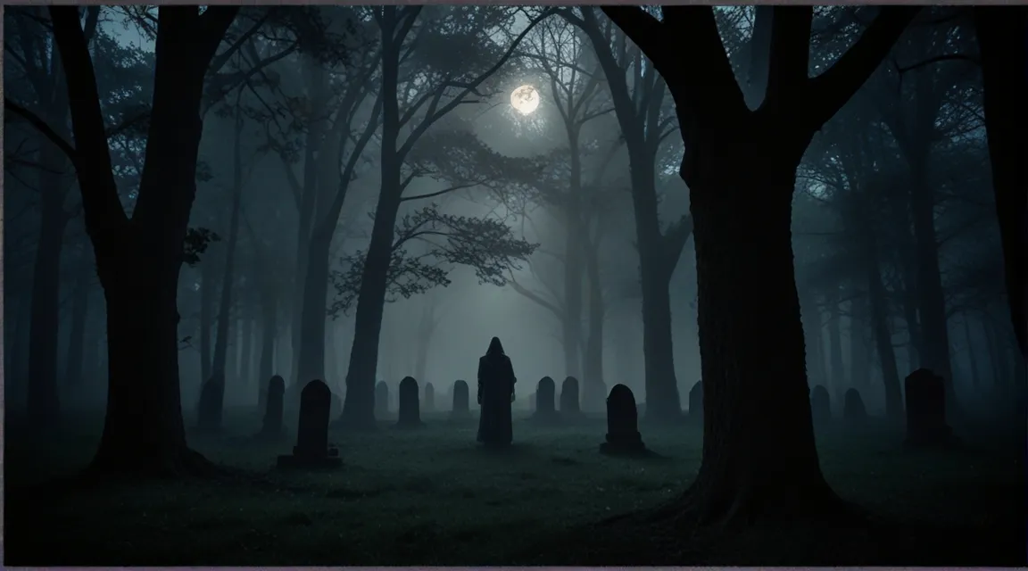 a cemetery in the middle of a dark forest