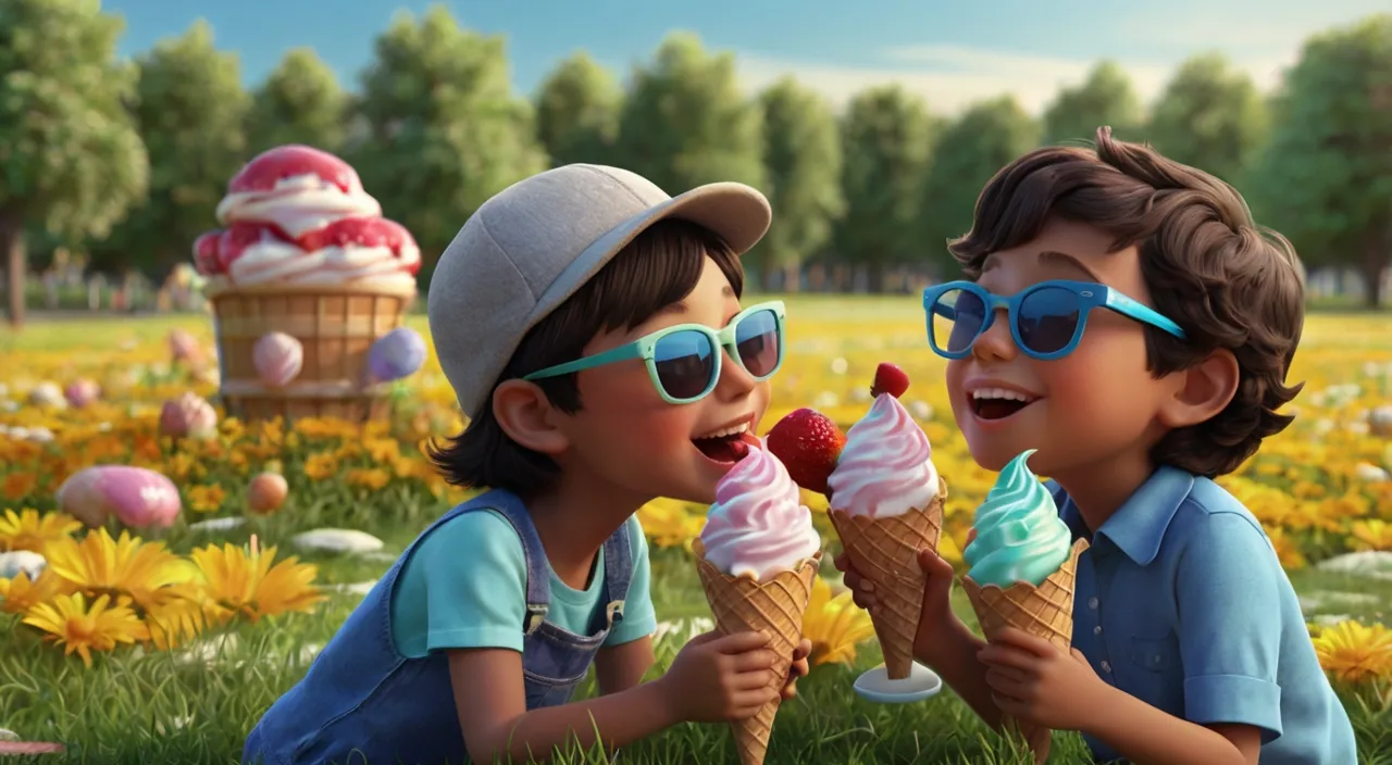 a couple of kids eating ice cream in a field