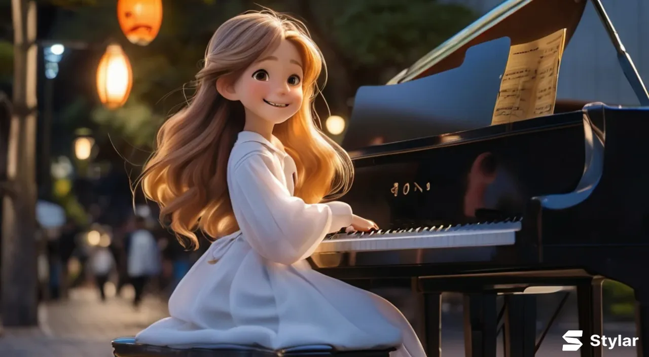 a girl in a white dress sitting at a piano