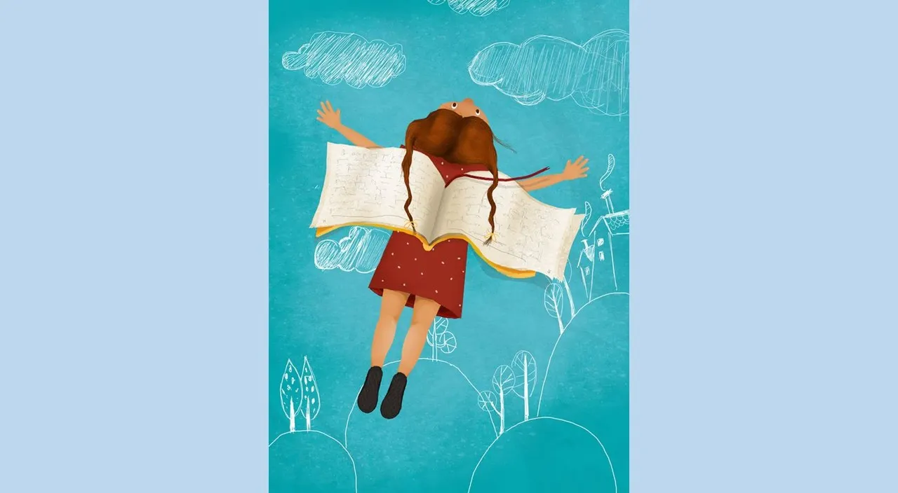 a woman flying through the air while holding a book