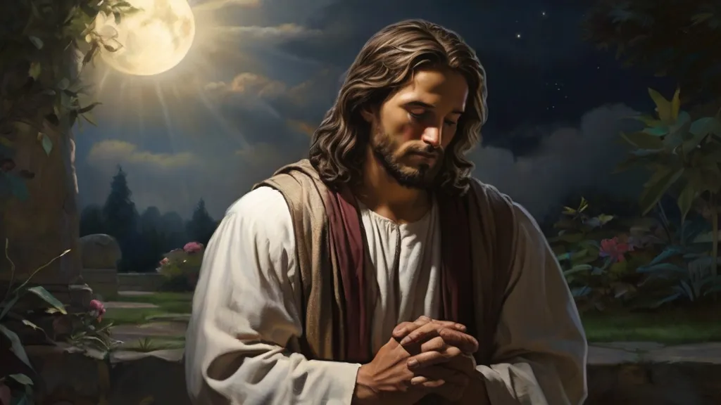 a painting of jesus standing in front of a full moon