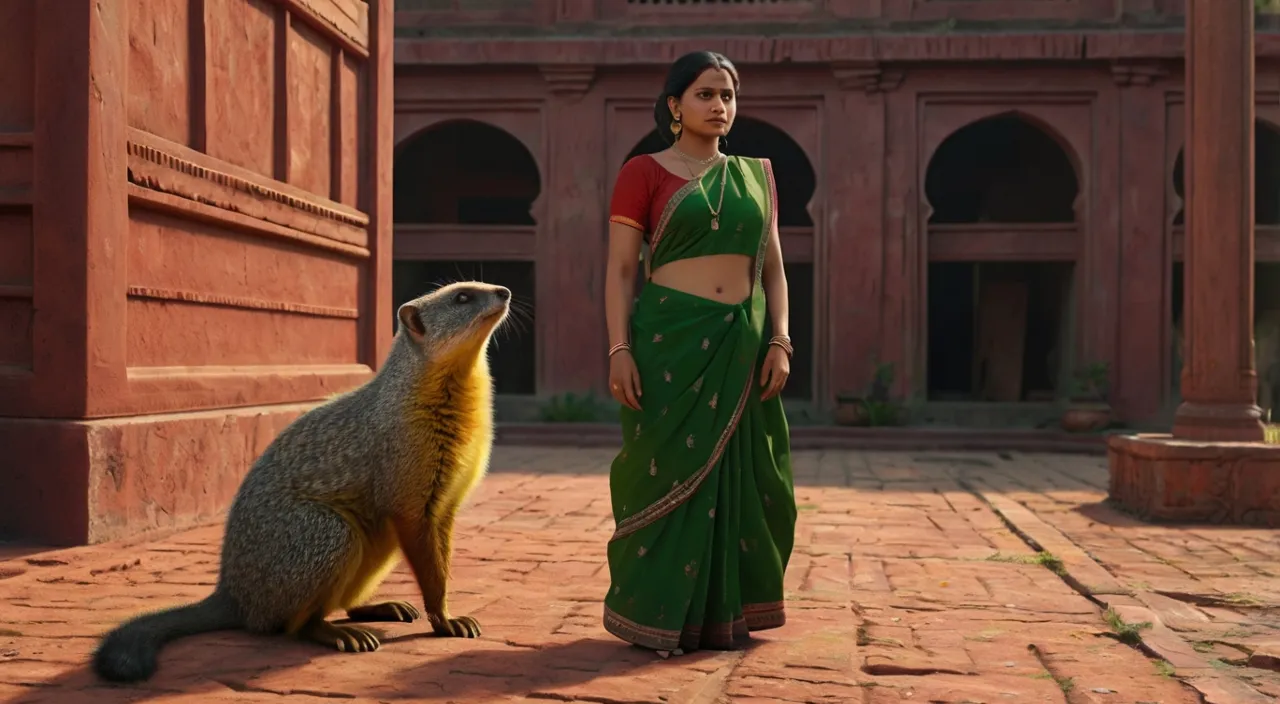 a woman in a green sari standing next to a small mongoose