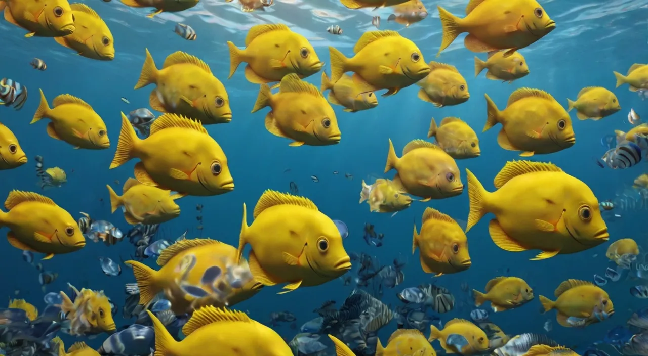 a large group of yellow fish swimming in the ocean