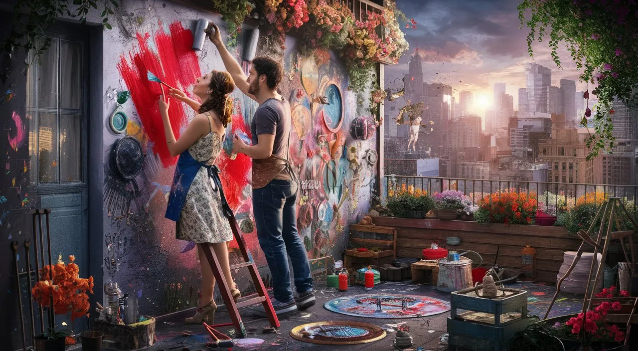 Location: Urban rooftop garden. Characters: A man and a woman in love Objects: Plants and  garden tools and  paint. Description: The man and the woman in love create a colorful mural together in an urban rooftop garden, paint splatters everywhere, celebrating their creative and chaotic love.