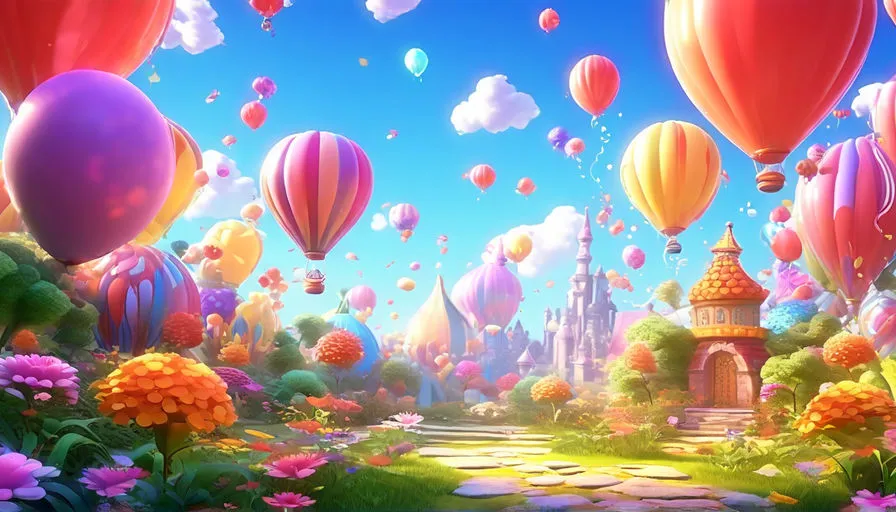 a bunch of balloons flying over a lush green field