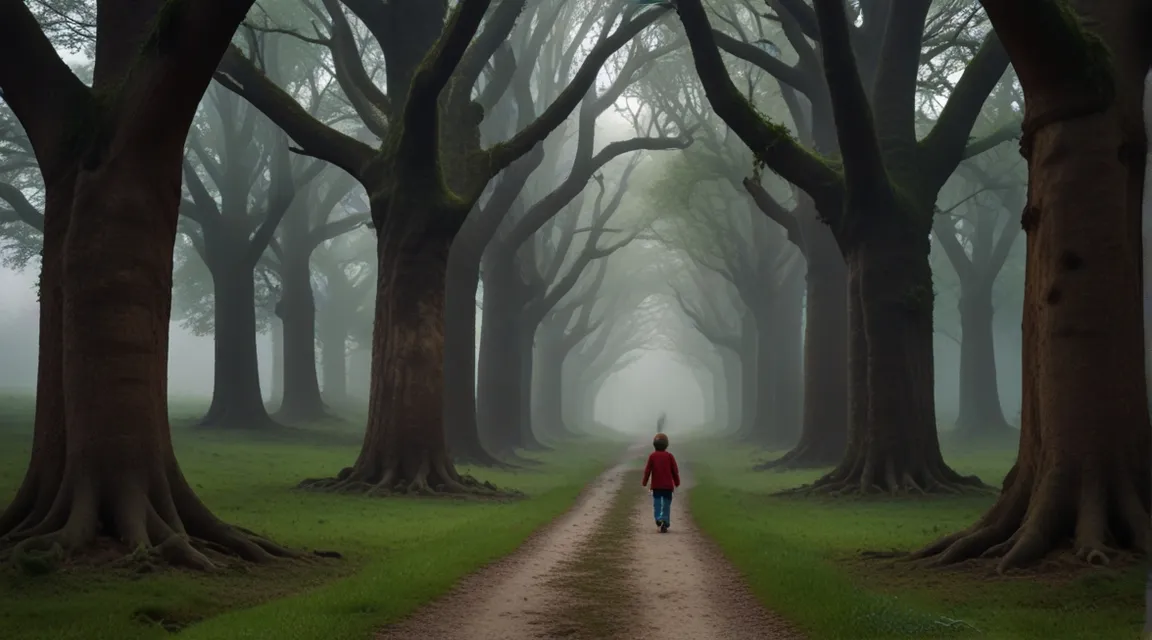 a person walking down a dirt road surrounded by trees