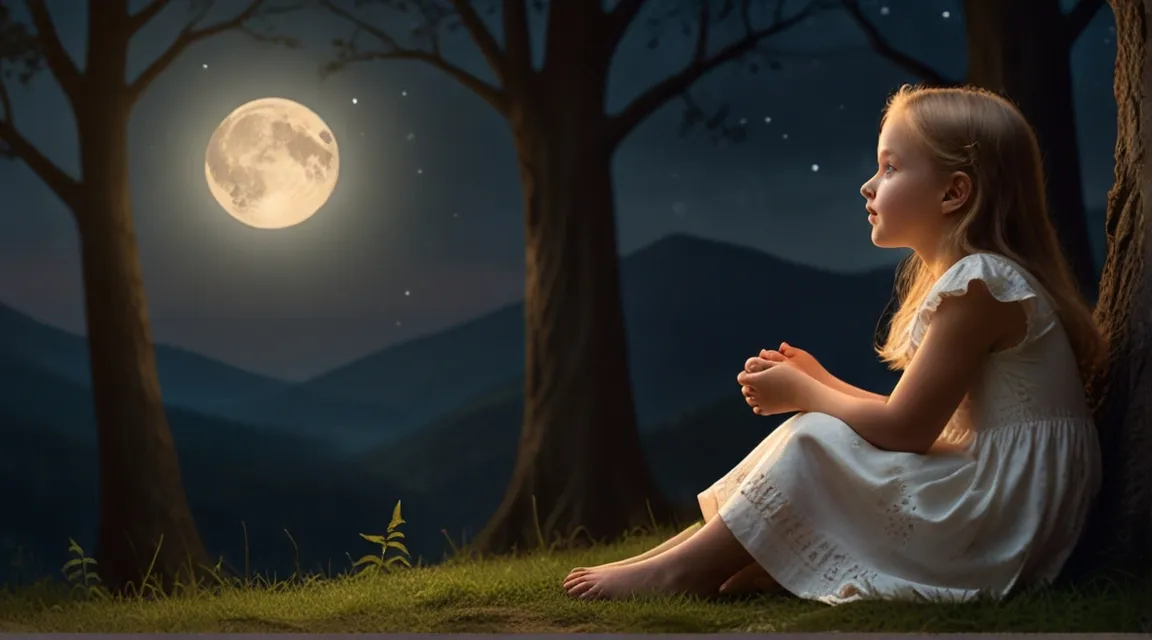 a little girl sitting on the ground looking at the moon