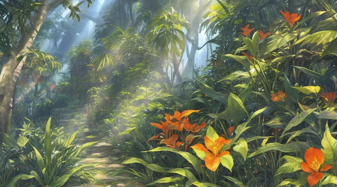 a painting of a path through a tropical forest