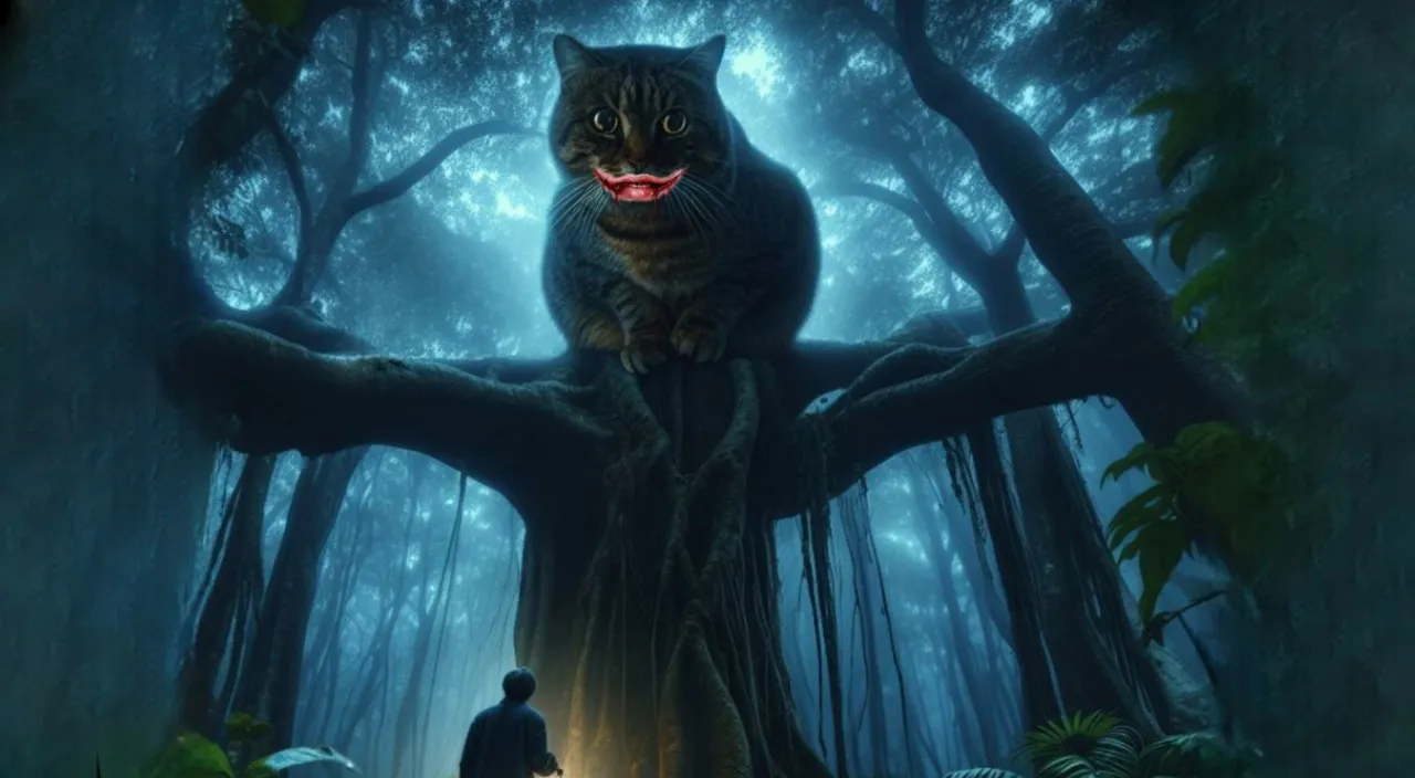 Cat's mouth painted red in scary forest 