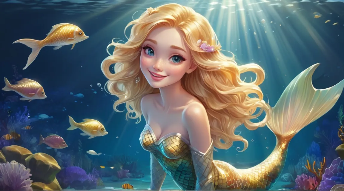 a beautiful blonde mermaid swimming in ocean with fishes