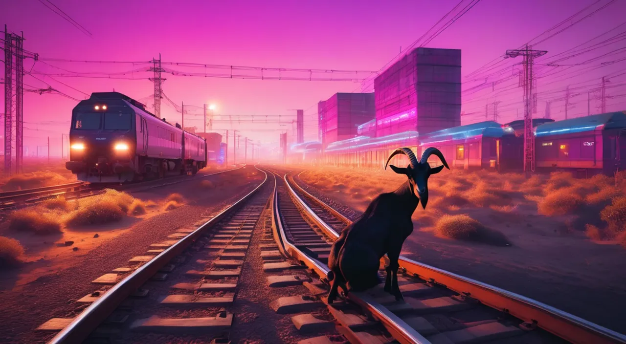 a goat sitting on a train track in the middle of the night