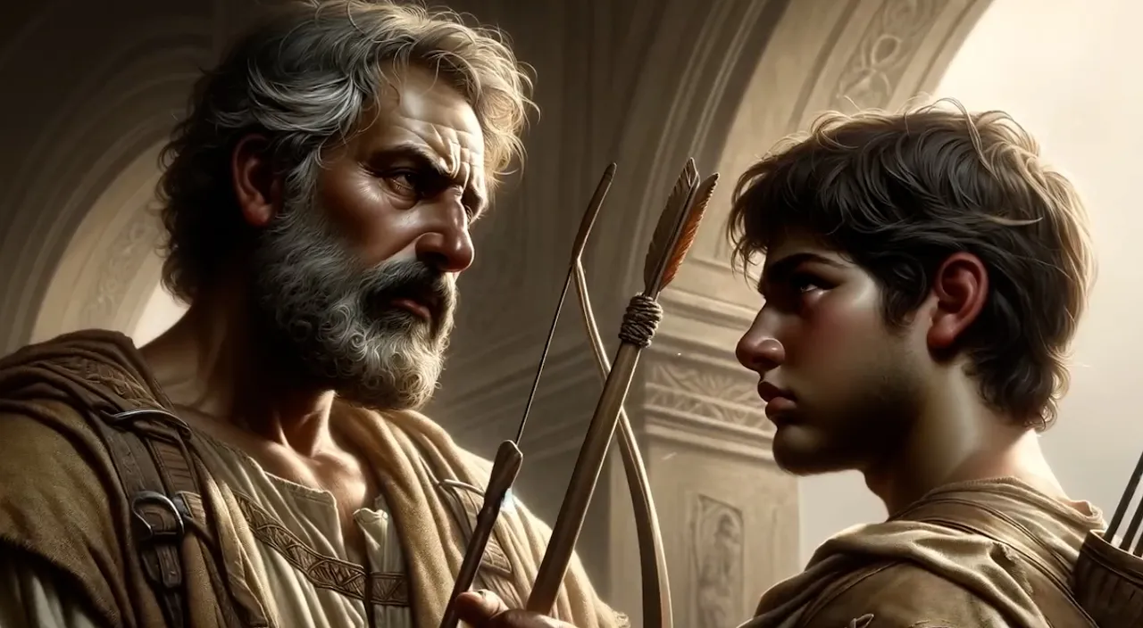 a painting of a man and a boy with arrows