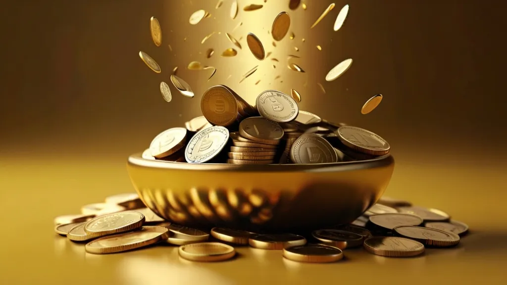 Create a Falling Money with golden background, 8k, size of 1920x1080, colorful
