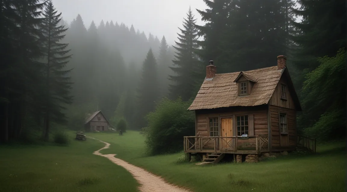 a small cabin in the middle of a foggy forest