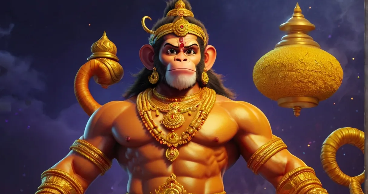 Create a god hanuman with golden background, 8k, size of 1920x1080, colorful