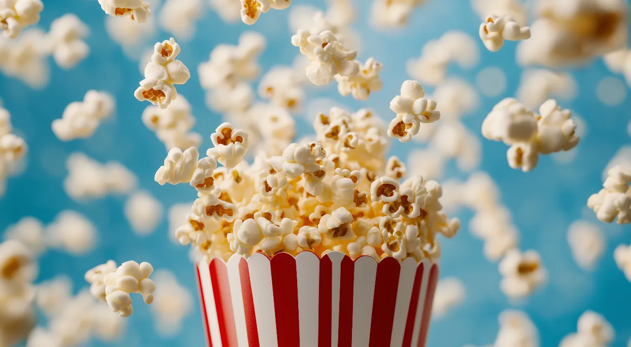 a red and white striped popcorn bucket flying through the air