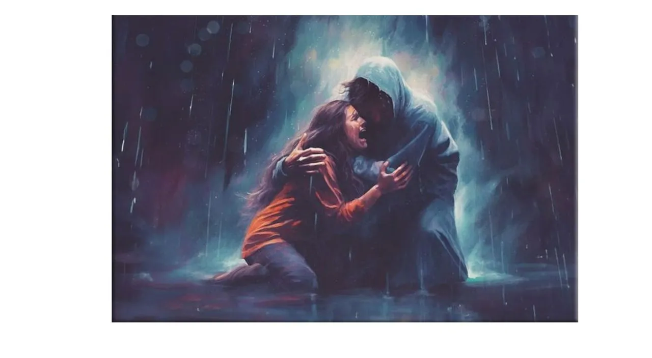 a painting of a man hugging a woman in the rain