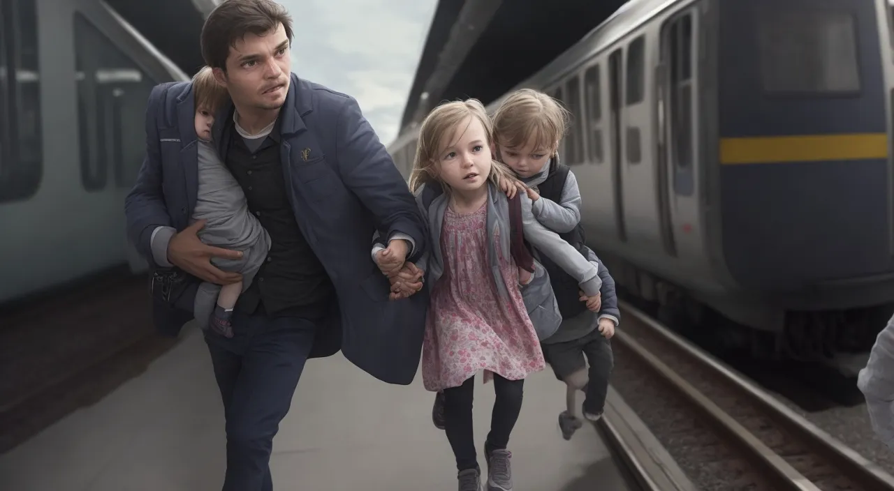 A man carrying a child and a woman walking towards the train. Horror