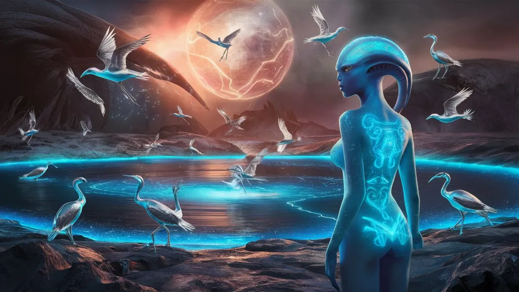 A captivating, 4K cinematic sci-fi fantasy scene set on a floating alien island. A blue Alien entity with holographic ancient symbols on her skin stands by a mystical cosmic lake, surrounded by glowing, silver chrome alien birds feasting on the wisdom of the cosmos. The lake is charged with electro power, and the atmosphere is filled with a sense of wonder and awe. The background features a vast, atmospheric landscape that showcases the grand scale of this extraordinary world.