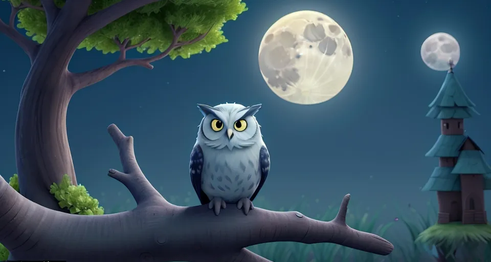 an owl sitting on a tree branch in front of a full moon