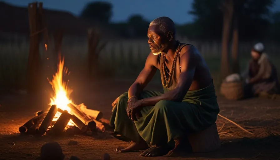 a man sitting next to a fire in a field