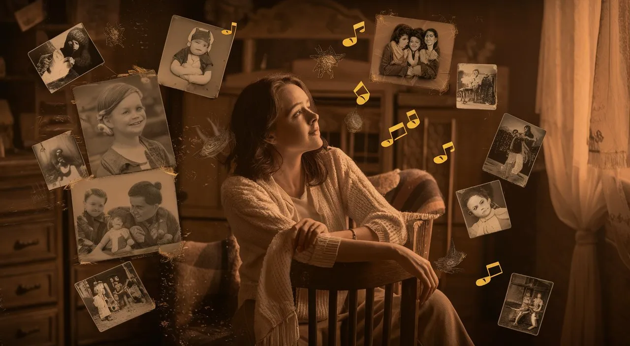 a woman sitting in a chair surrounded by pictures and musical notes