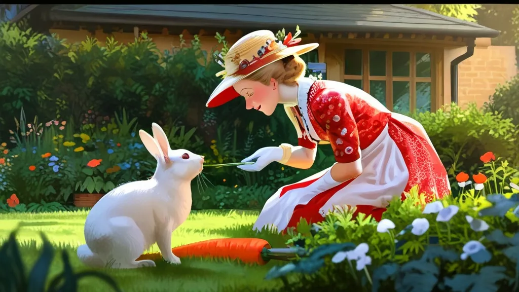 a woman in a red dress feeding a white rabbit