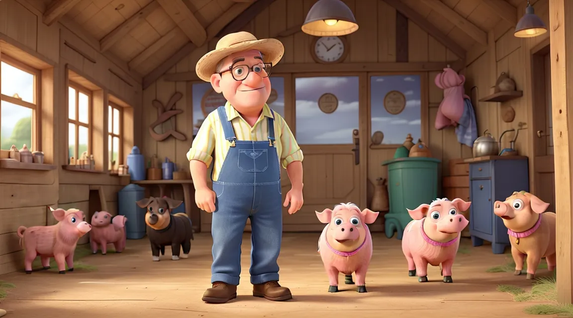 a man in overalls and a hat standing in a barn with pigs