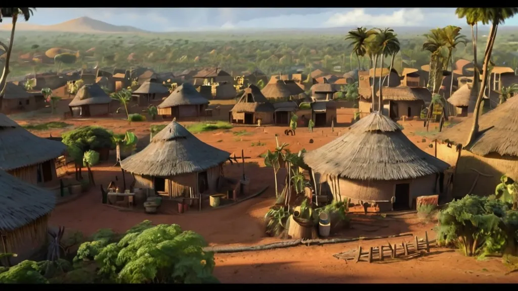 a village with thatched roofs and palm trees, Pixar Animation | multiple characters