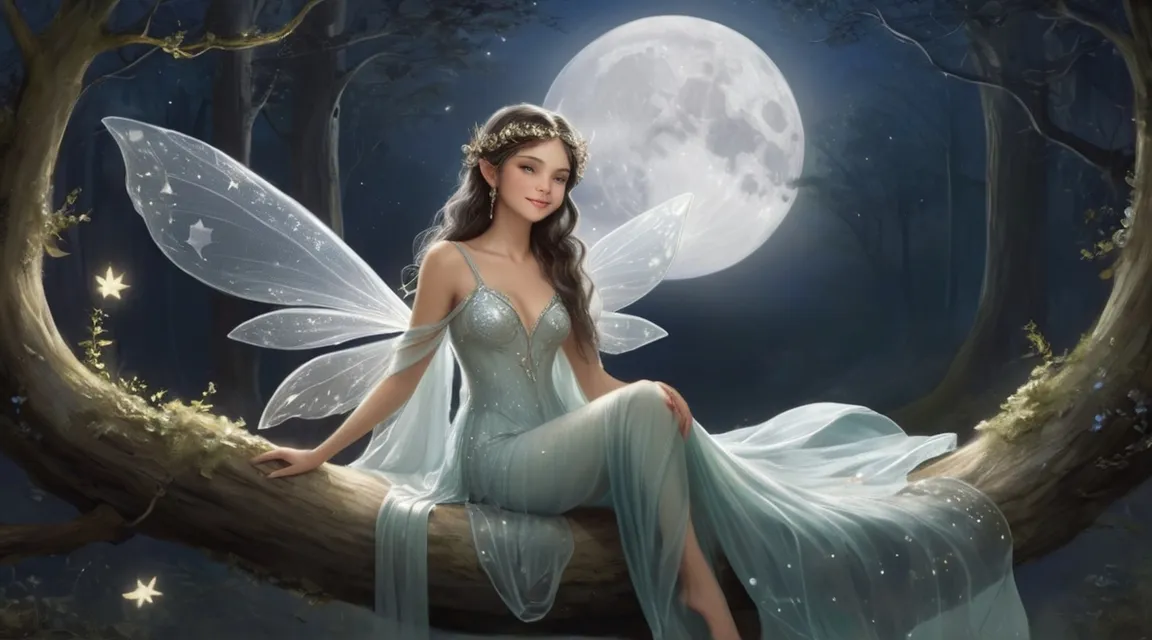 a fairy sitting on a tree branch in front of a full moon